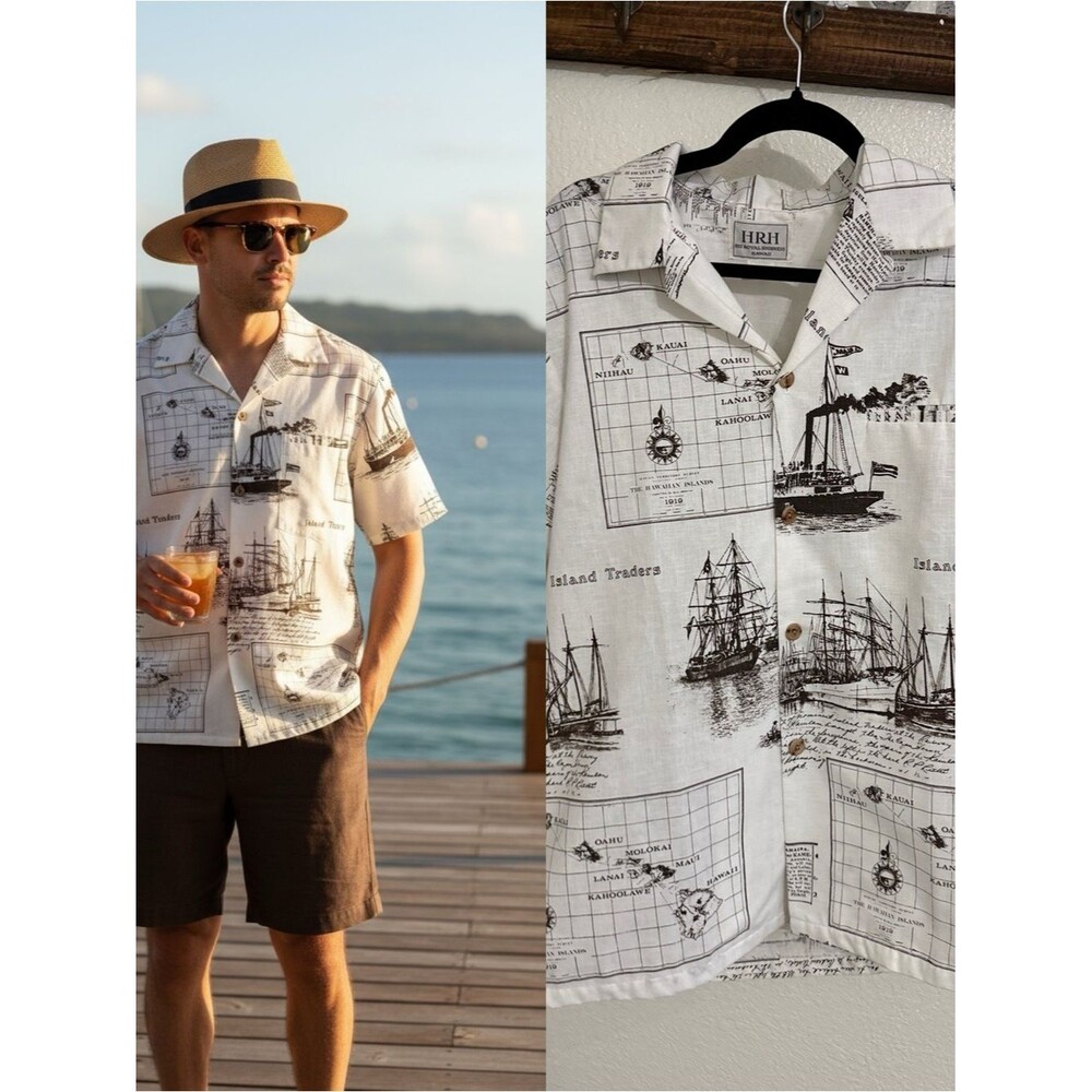 HRH Hawaii Hawaiian Aloha Shirt L Brown White Island Map Ship Print Button Front